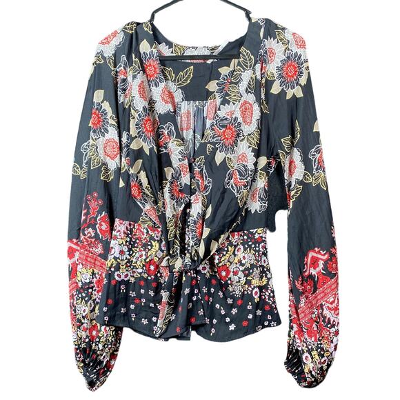 Free People Womens Blouse Black Floral Deep V Neck Front Tie Long Sleeve M - Picture 1 of 13